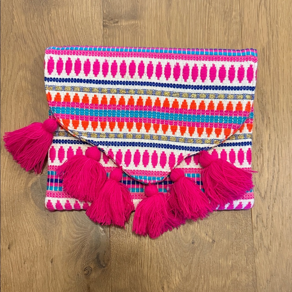 Mud Pie Pink and Orange Clutch with Tassels